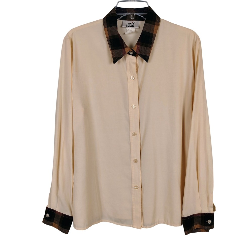 Womens SZ 16 Lucia Button Up Blouse Cream Plaid Contrast Dark Academia Preppy